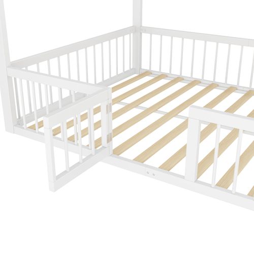 Lit Cabane 140x200 Cm, Cadre En Métal, Design Maison Toit, Barrières De Sécurité, Blanc