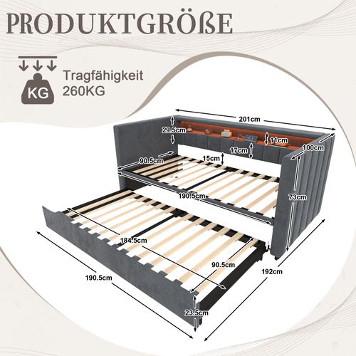 Lit Gigogne 90x190cm, Lit De Rangement, Éclairage LED, Ports De Charge,mdf, Velours Gris