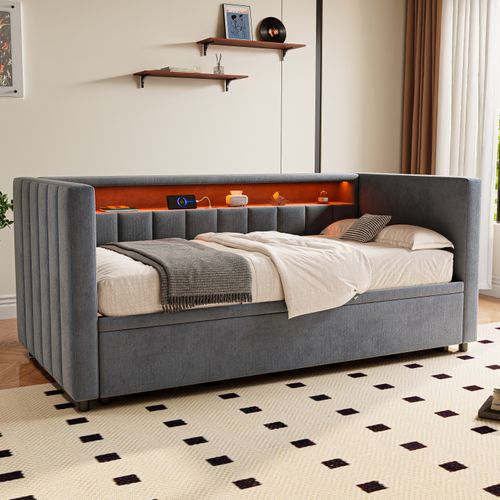 Lit Gigogne 90x190cm, Lit De Rangement, Éclairage LED, Ports De Charge,mdf, Velours Gris