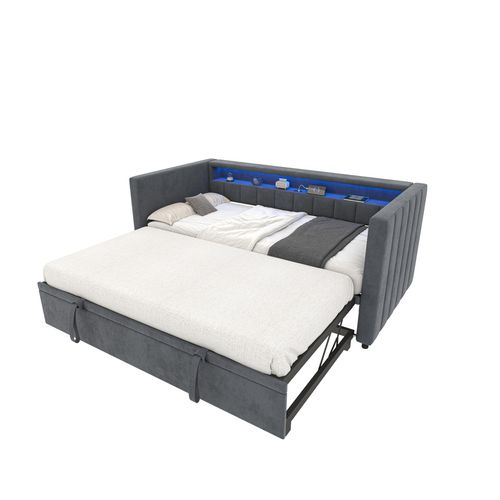 Lit Gigogne 90x190cm, Lit De Rangement, Éclairage LED, Ports De Charge,mdf, Velours Gris