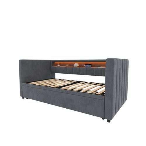 Lit Gigogne 90x190cm, Lit De Rangement, Éclairage LED, Ports De Charge,mdf, Velours Gris