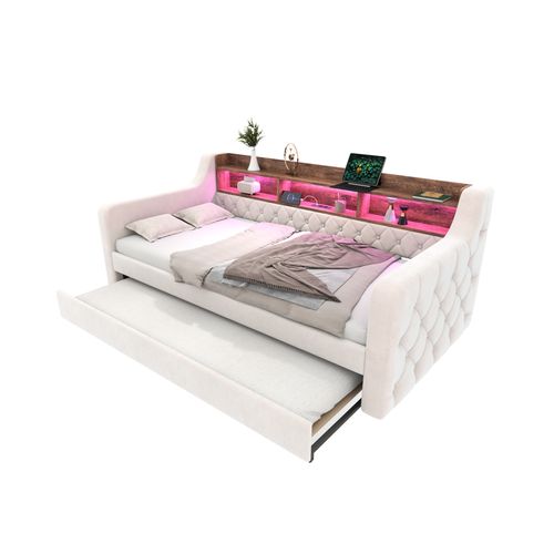 Lit Gigogne 90x190cm, Lit De Rangement, Éclairage LED, Rangements, Mdf Et Velours, Beige