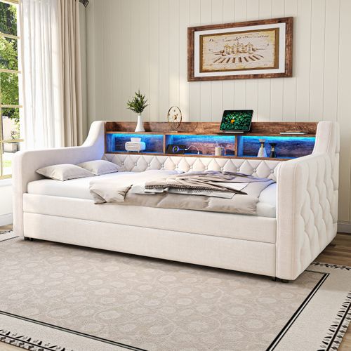 Lit Gigogne 90x190cm, Lit De Rangement, Éclairage LED, Rangements, Mdf Et Velours, Beige