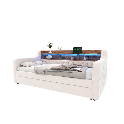 Lit Gigogne 90x190cm, Lit De Rangement, Éclairage LED, Rangements, Mdf Et Velours, Beige