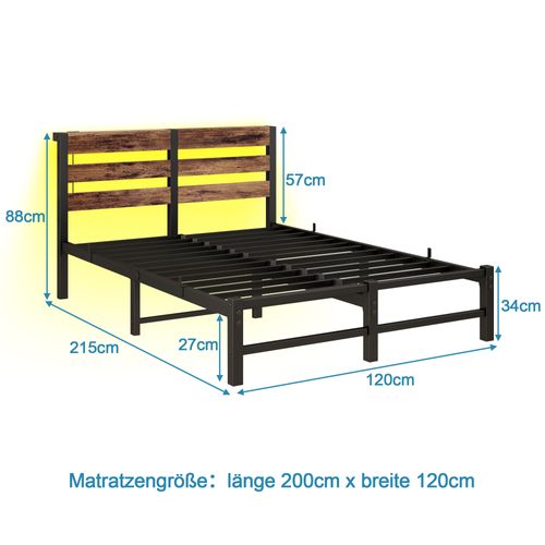 Lit Adulte 120x200 Cm, LED Rgb Et Station De Charge USB, Métal Et Bois, Couleur Noir Marron