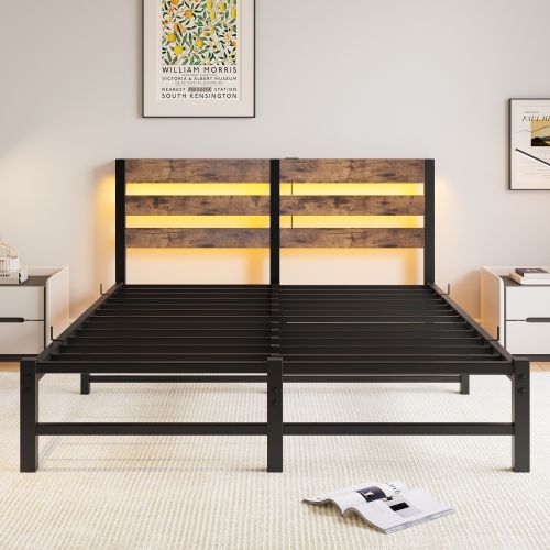 Lit Adulte 140x190 Cm, LED Rgb Et Station USB, Métal Et Bois, Noir Et Marron, Rangement Sous Lit