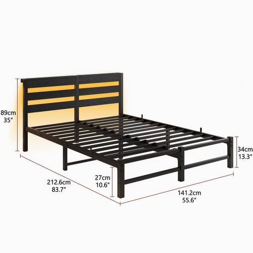 Lit Adulte 140x200 Cm, LED Rgb Avec Mode Musique Et Station USB, Métal Et Bois, Noir