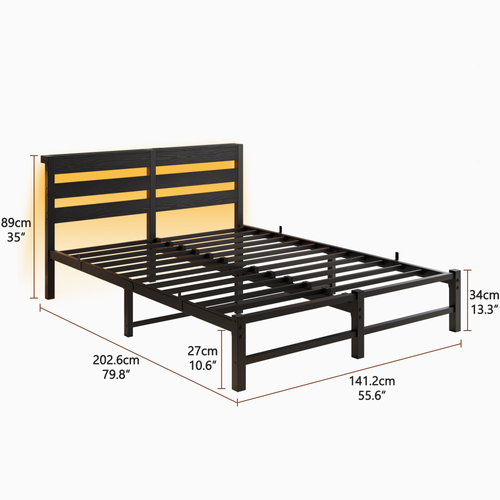Lit Adulte 140x190 Cm, Cadre Métallique LED Rgb Avec USB, Rangement Sous Lit, Métal Et Bois, Noir