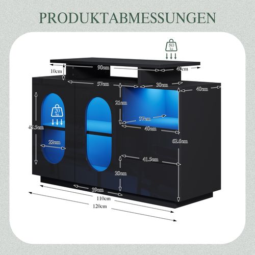 Buffet Moderne 120x40x80 Cm, LED, 2 Tiroirs, 2 Portes, Rangement Modulable, Mdf Et Verre, Noir