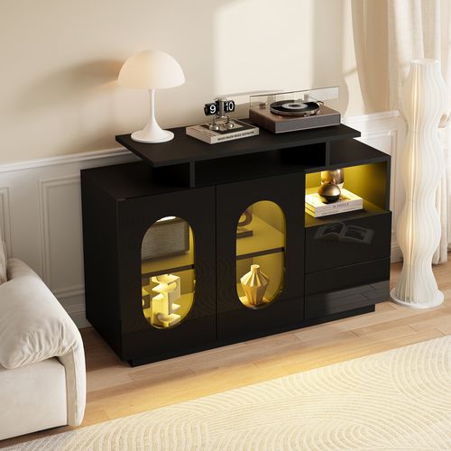 Buffet Moderne 120x40x80 Cm, LED, 2 Tiroirs, 2 Portes, Rangement Modulable, Mdf Et Verre, Noir