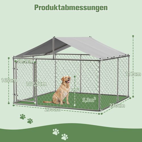 Chenil Extérieur Pour Chiens 230x230x117 Cm, Avec Toit Imperméable Uv, Métal Acier Galvanisé, Argené