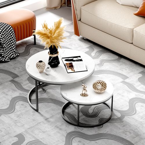 Lot De 2 Tables Basses Rondes 80x80x45+60x60x33.5 Cm, Gigognes, Métal, Motif Marbre, Blanc+noir