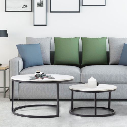 Lot De 2 Tables Basses Rondes 80x80x45+60x60x33.5 Cm, Gigognes, Métal, Motif Marbre, Blanc+noir