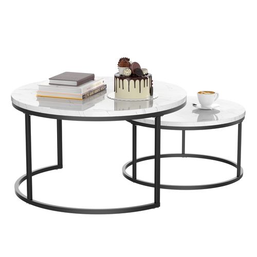 Lot De 2 Tables Basses Rondes 80x80x45+60x60x33.5 Cm, Gigognes, Métal, Motif Marbre, Blanc+noir
