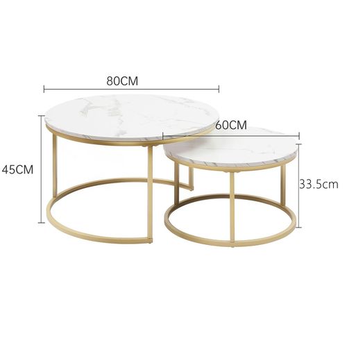 Lot De 2 Tables Basses Gigognes 80x80x45+60x60x33.5 Cm, Rondes, Métal, Motif Marbre, Blanc+doré