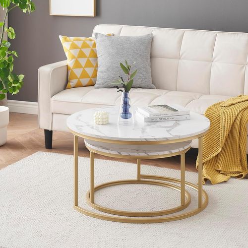 Lot De 2 Tables Basses Gigognes 80x80x45+60x60x33.5 Cm, Rondes, Métal, Motif Marbre, Blanc+doré