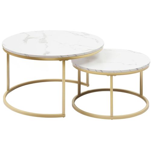 Lot De 2 Tables Basses Gigognes 80x80x45+60x60x33.5 Cm, Rondes, Métal, Motif Marbre, Blanc+doré
