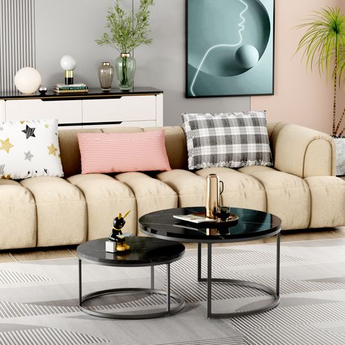 Lot De 2 Tables Basses Noires Rondes En Métal Et Panneau Composite Avec Motif De Marbre