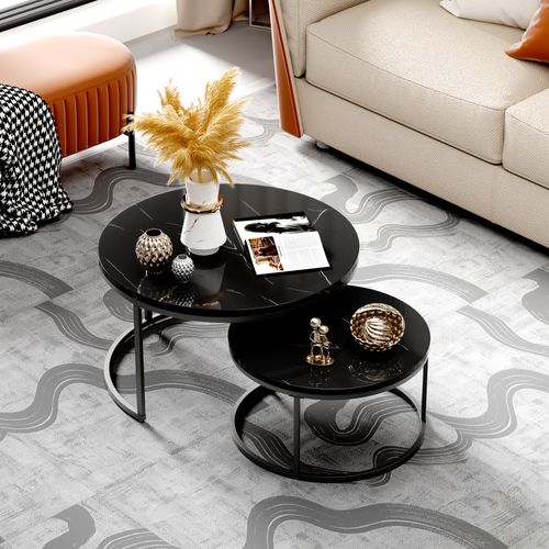 Lot De 2 Tables Basses Noires Rondes En Métal Et Panneau Composite Avec Motif De Marbre