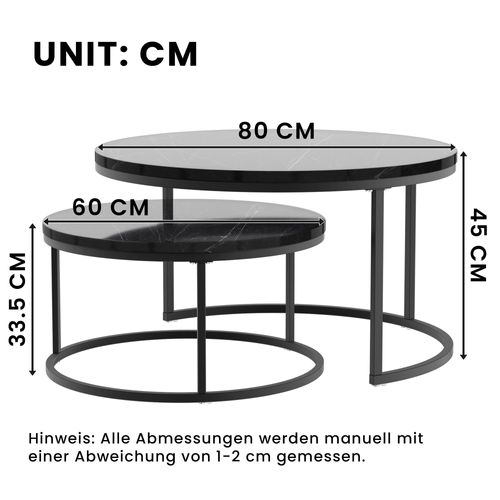 Lot De 2 Tables Basses Noires Rondes En Métal Et Panneau Composite Avec Motif De Marbre