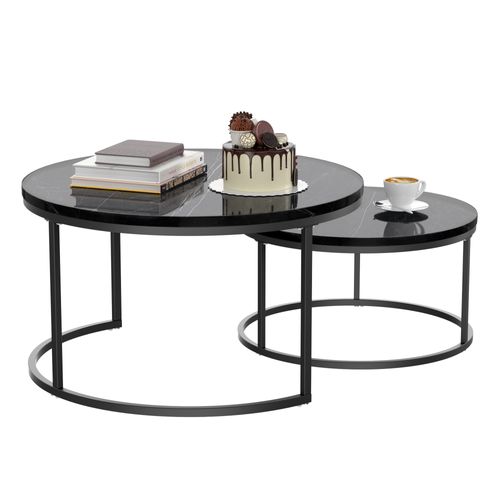Lot De 2 Tables Basses Noires Rondes En Métal Et Panneau Composite Avec Motif De Marbre