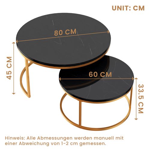 Lot De 2 Tables Basses Rondes, 80x80x45+60x60x33.5 Cm, Métal, Motif De Marbre, Couleur Noir+doré