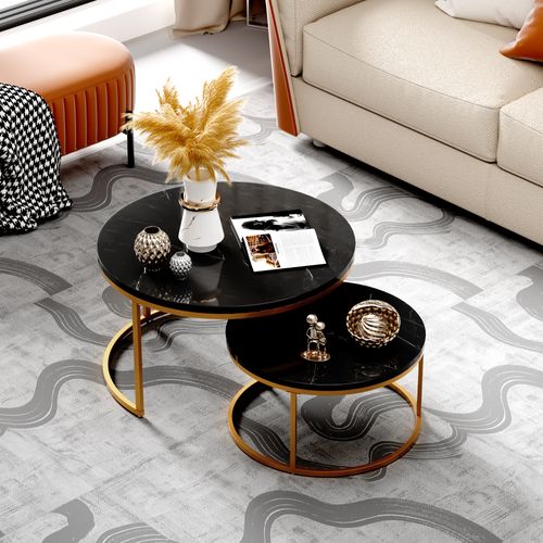 Lot De 2 Tables Basses Rondes, 80x80x45+60x60x33.5 Cm, Métal, Motif De Marbre, Couleur Noir+doré