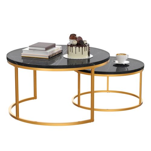 Lot De 2 Tables Basses Rondes, 80x80x45+60x60x33.5 Cm, Métal, Motif De Marbre, Couleur Noir+doré