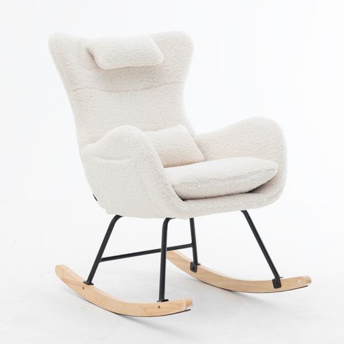 Fauteuil à Bascule à Dossier Haut, Appui-tête Et Coussin Lombaire En Peluche Teddy, Couleur Blanc
