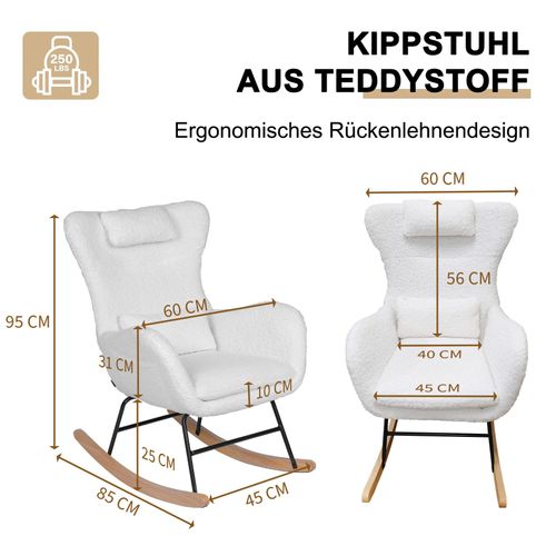 Fauteuil à Bascule à Dossier Haut, Appui-tête Et Coussin Lombaire En Peluche Teddy, Couleur Blanc