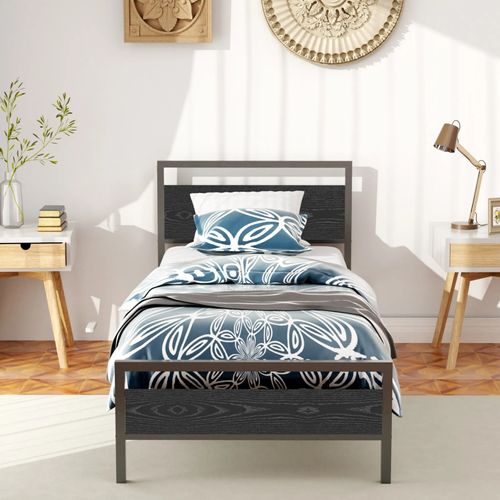 Lit 90x200cm, Lit Enfant, Cadre De Lit Avec Sommier, Sans Matelas, En Métal, Couleur Noir