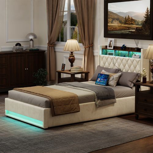 Lit Coffre90x200cm Avec LED Et USB, Tête De Lit Avec Rangement, En Velours,mdf Et Métal,beige
