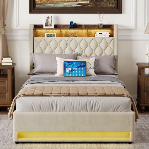Lit Coffre90x200cm Avec LED Et USB, Tête De Lit Avec Rangement, En Velours,mdf Et Métal,beige
