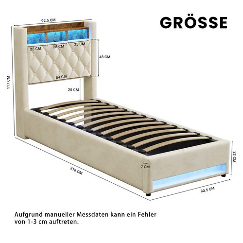 Lit Coffre90x200cm Avec LED Et USB, Tête De Lit Avec Rangement, En Velours,mdf Et Métal,beige
