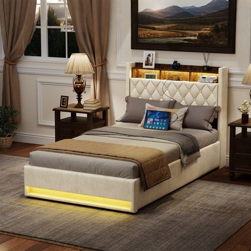Lit Coffre90x200cm Avec LED Et USB, Tête De Lit Avec Rangement, En Velours,mdf Et Métal,beige
