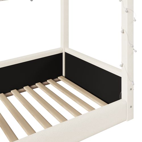 Lit Cabane Enfant 90x200cm Avec Éclairage LED, Style Moderne Et Ludique, Mdf, Lin Beige