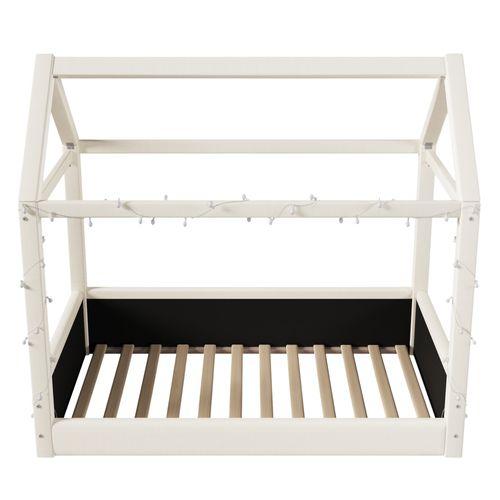 Lit Cabane Enfant 90x200cm Avec Éclairage LED, Style Moderne Et Ludique, Mdf, Lin Beige