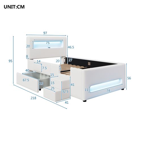 Lit Enfant 90x200cm, Lit Simple, Tiroir De Rangement, LED Réglable, Pu Et Mdf, Blanc
