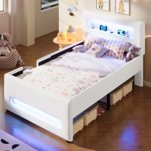 Lit Enfant 90x200cm, Lit Simple, Tiroir De Rangement, LED Réglable, Pu Et Mdf, Blanc