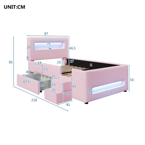 Lit Enfant 90x200cm, Lit Simple, Tiroir De Rangement, LED Réglable, Pu Et Mdf, Rose