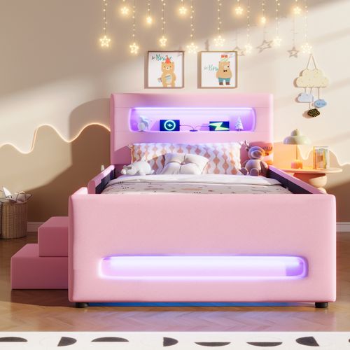 Lit Enfant 90x200cm, Lit Simple, Tiroir De Rangement, LED Réglable, Pu Et Mdf, Rose