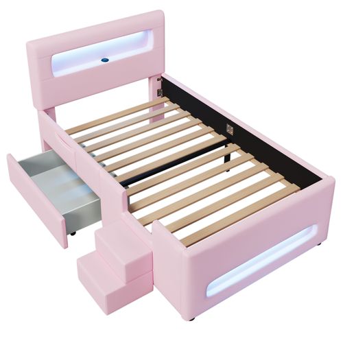 Lit Enfant 90x200cm, Lit Simple, Tiroir De Rangement, LED Réglable, Pu Et Mdf, Rose