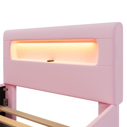 Lit Enfant 90x200cm, Lit Simple, Tiroir De Rangement, LED Réglable, Pu Et Mdf, Rose