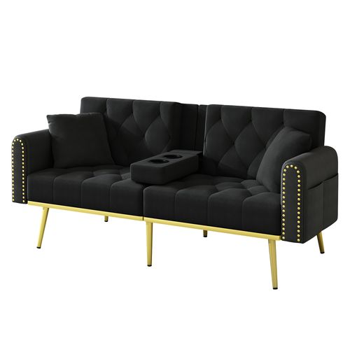 Canapé Convertible 175x80x73.5 Cm, 3 Inclinaison, Porte-gobelet Pliable, Velours, Noir+doré