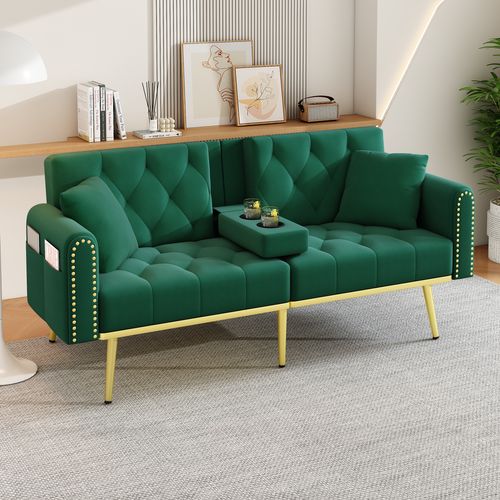 Canapé Convertible 175x80x73.5 Cm, Dossier Réglable 3 Positions, Revêtement En Velours, Couleur Vert