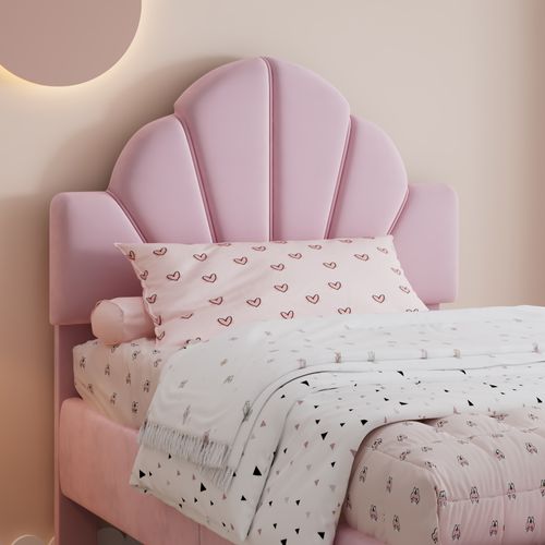 Lit Enfant Simple 90x200 Cm Avec Banc Assorti, Cadre De Lit Robuste, Velours Et Contreplaqué, Rose