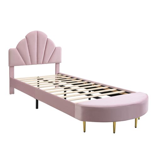 Lit Enfant Simple 90x200 Cm Avec Banc Assorti, Cadre De Lit Robuste, Velours Et Contreplaqué, Rose