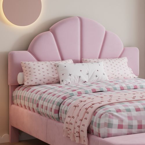 Lit Enfant Double 140x200 Cm Avec Banc Assorti, Cadre De Lit Robuste, Velours Et Contreplaqué, Rose