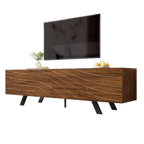 Meuble TV Moderne 160x39x50,5 Cm, Façade Ondulée, Motif Bois, Rangement, Pied En Fer, Mdf, Marron
