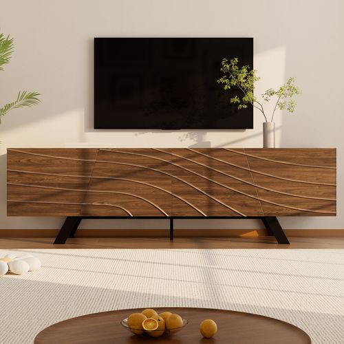 Meuble TV Moderne 160x39x50,5 Cm, Façade Ondulée, Motif Bois, Rangement, Pied En Fer, Mdf, Marron